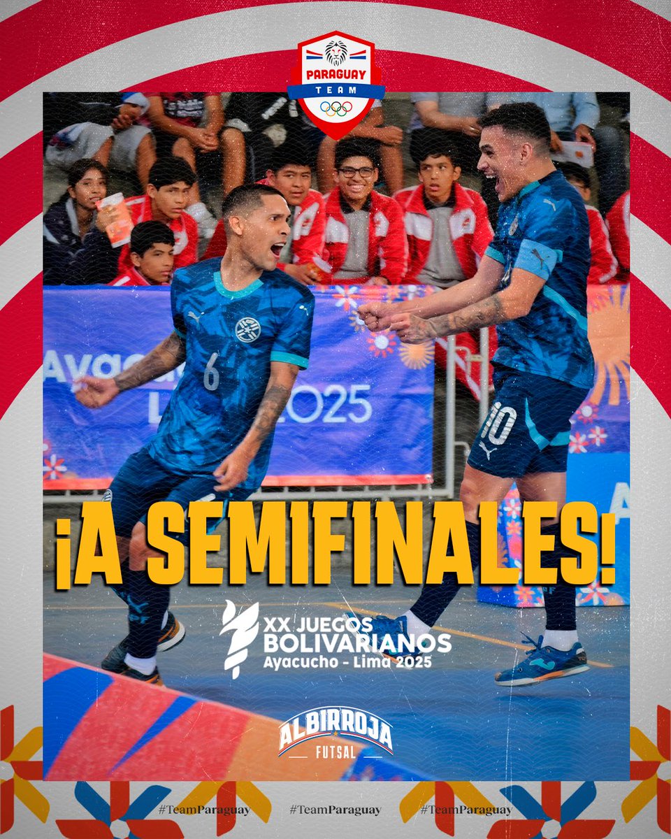 FutsalAPF's tweet photo. ¡A Semifinales! 💪🏻

El #TeamParaguay🦁 se anota entre los 4 mejores de los @JBolivarianos25 

¡𝐕𝐚𝐦𝐨𝐬 𝐏𝐚𝐫𝐚𝐠𝐮𝐚𝐲!🇵🇾

#ParaguayPuede💪🏽 
#JuegosBolivarianos2025✔️ https://t.co/RcaAQMKzY5