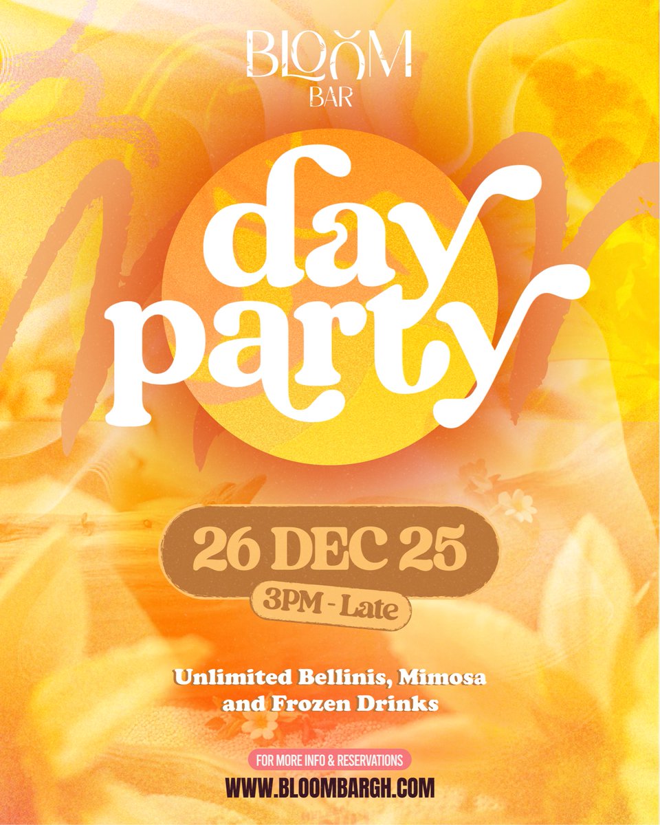 Bloom Bar Day party. Dec 26. 3pm till late.
Ticket holders enjoy Unlimited Bellinis, Mimosa and Frozen Drinks 🥂

Early Bird Tickets: paystack.shop/pay/bloombarda…