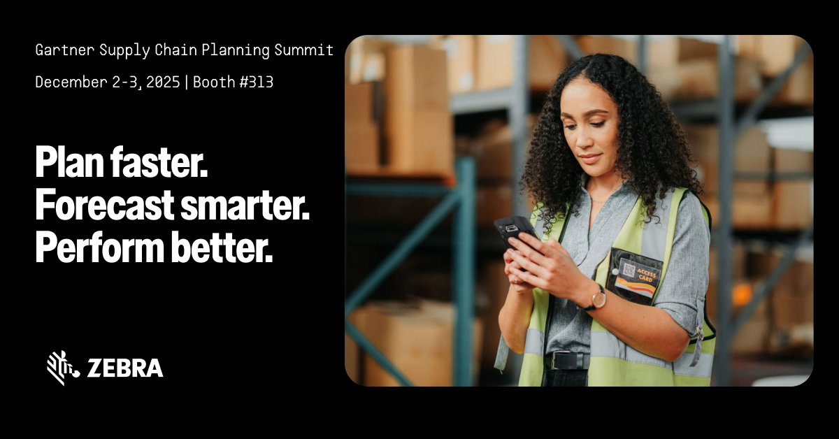 ZebraTechnology's tweet image. Visit us at Gartner&apos;s Supply Chain Planning Summit at Booth #313 to learn about how our AI and machine learning tools can help improve resilience, optimize operations, and achieve seamless management on your frontline. social.zebra.com/6015tbe0v