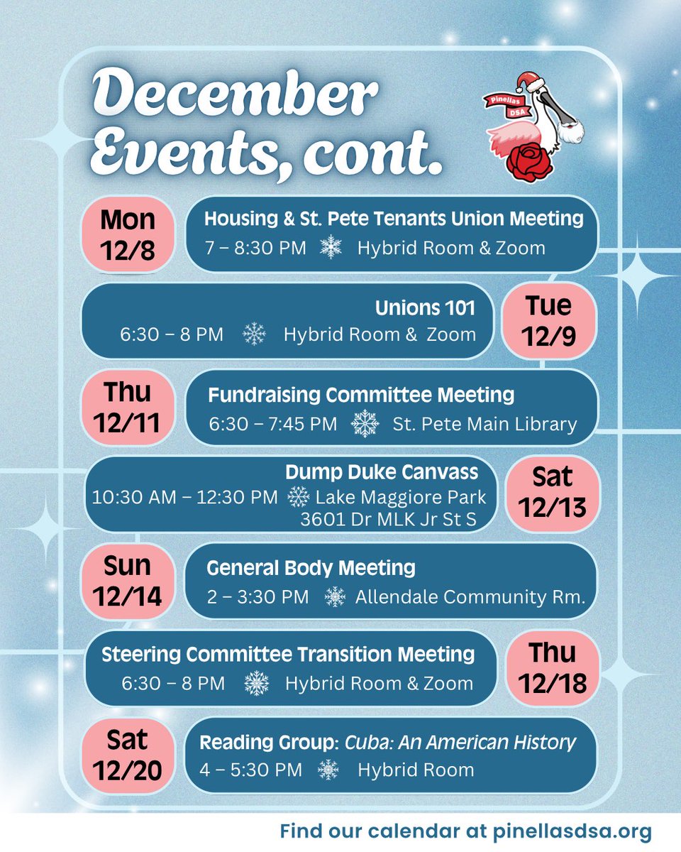 ⛄️Get involved this month by checking out our December events and meetings! Our complete calendar can always be found on our website.🎄

Tri-Chapter Social RSVP link in bio! 🔗 

New to DSA and not sure where to start? Fill out an interest form and an organizer will be in touch!