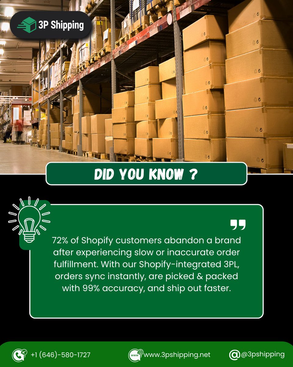 3p_shipping's tweet image. Did you know speed wins customers?
Slow or inaccurate fulfillment can cost you loyal buyers. With our Shopify-integrated 3PL, orders sync instantly, get picked &amp;amp; packed with 99% accuracy, and ship faster—so your customers stay happy and keep coming back. 
#3PL #ShippingSolutions
