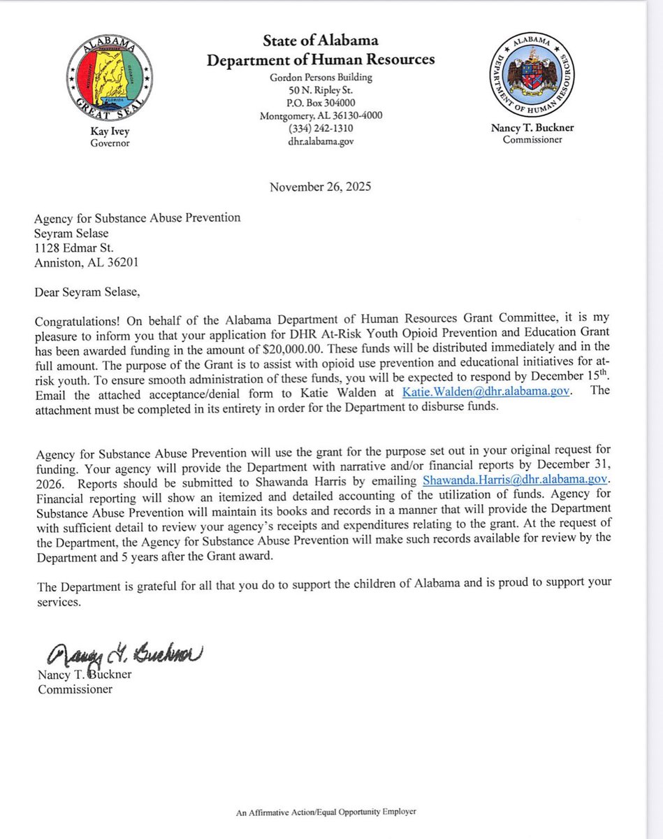 ASAP is honored to receive funds from the Alabama Department of Human Resources through the At-Risk Youth Opioid Prevention &amp; Education Grant. We’re grateful to Commissioner Nancy Buckner and the DHR Grants Committee for supporting our mission to protect and educate youth.
