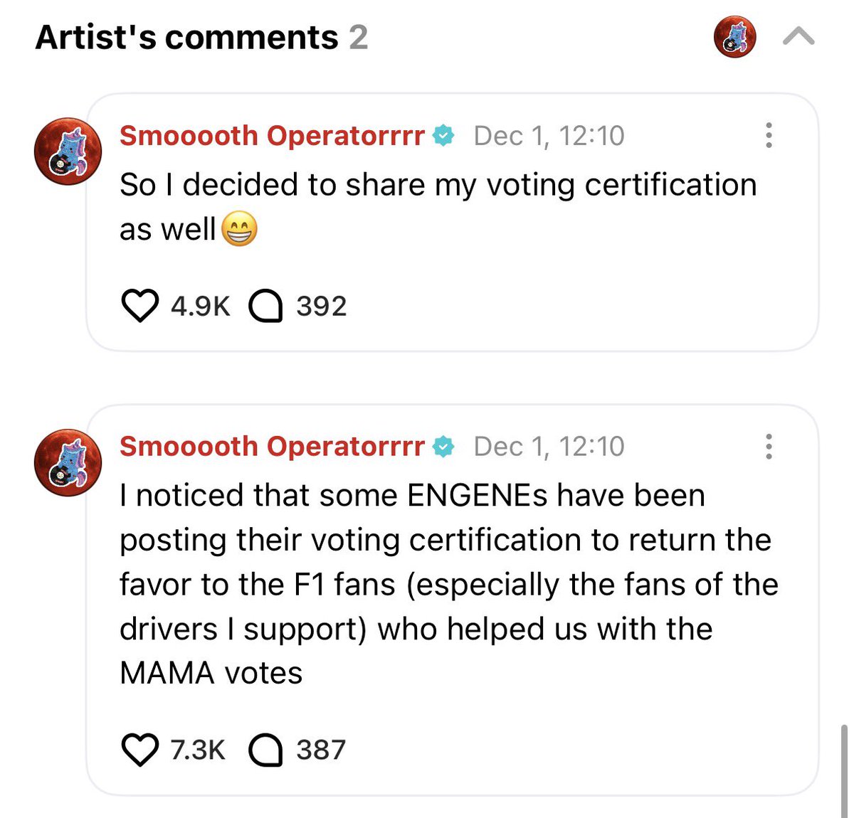 [ #제이’s Reply ] 251202

🐈‍⬛: I noticed that some ENGENEs have been posting their voting certification to return the favor to the F1 fans (especially the fans of the drivers I support) who helped us with the MAMA votes
🐈‍⬛: So I decided to share my voting certification as well😁