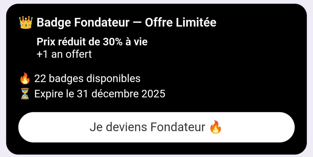 OctobetTeam's tweet image. Le Badge Fondateur est officiellement ouvert.
Il reste 22 places. Pas une de plus. 👑

• Réduction à vie (–30%)
• 1 an offert
• Offre limitée au 31 décembre 2025

Si tu veux faire partie du noyau dur DoctoBET… c’est maintenant 🔥

#TeamParieur