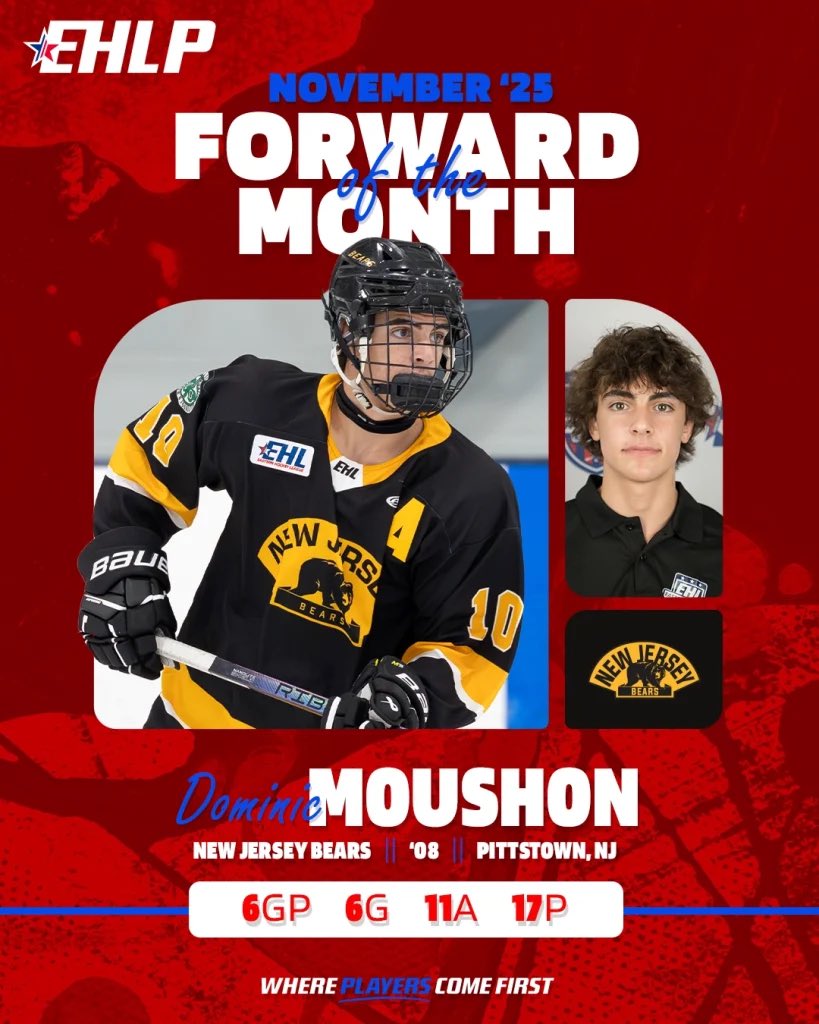 EHLpremier's tweet image. The Eastern Hockey League Premier is proud to announce its top performers for the month of November!

easternhockeyleague.org/2025/12/novemb…

#WherePlayersComeFirst | #DevelopPromoteAdvance