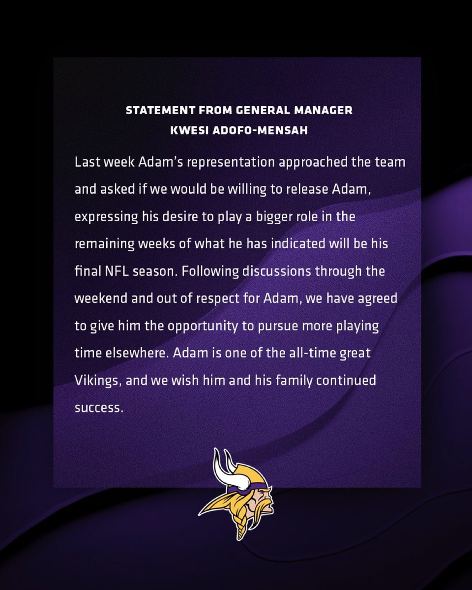 AdamSchefter's tweet image. Vikings waived veteran WR Adam Thielen, and issued this statement: