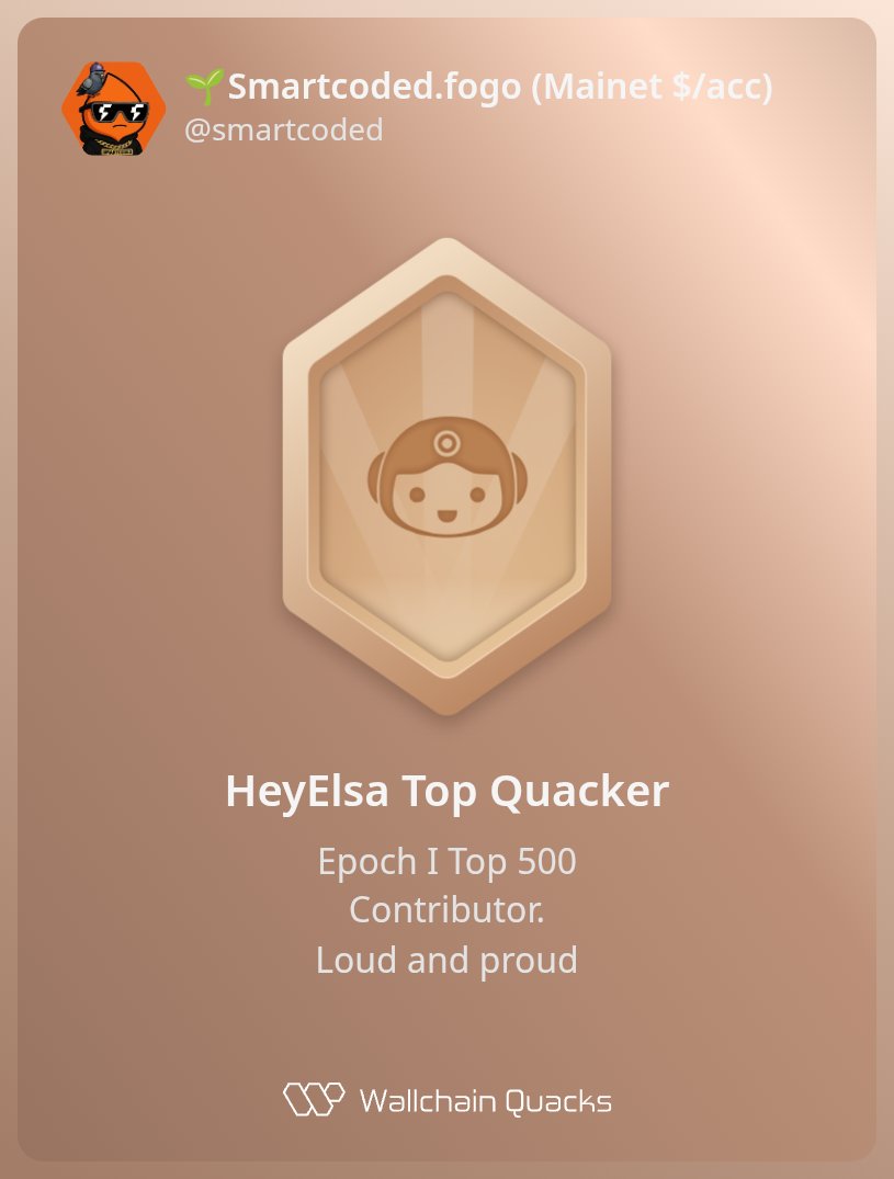 smartcoded's tweet image. I just unlocked the @HeyElsaAI Top Quacker badge on Wallchain 🏆🦆

Honestly, It feels good seeing your contributions show up on-chain like that. Little things like this remind you that consistency actually matters.

How’s Wallchain Quacks been treating you so far, If you’re not…