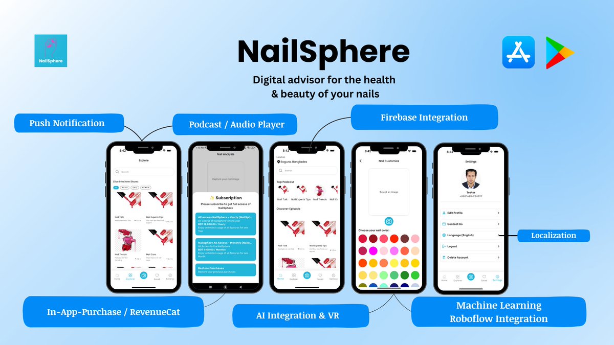 KafiulIslam3's tweet image. NailSphere is packed with advanced features:
🤖 AI-Powered Disease Scanner (Roboflow)
🛍️ Integrated In-App-Purchase (RevenueCat)
👁️ Immersive VR Try-Ons
Built with a robust Firebase backend.

#fluttercord #iosdeveloper #Android #mobileappdeveloper #codertent