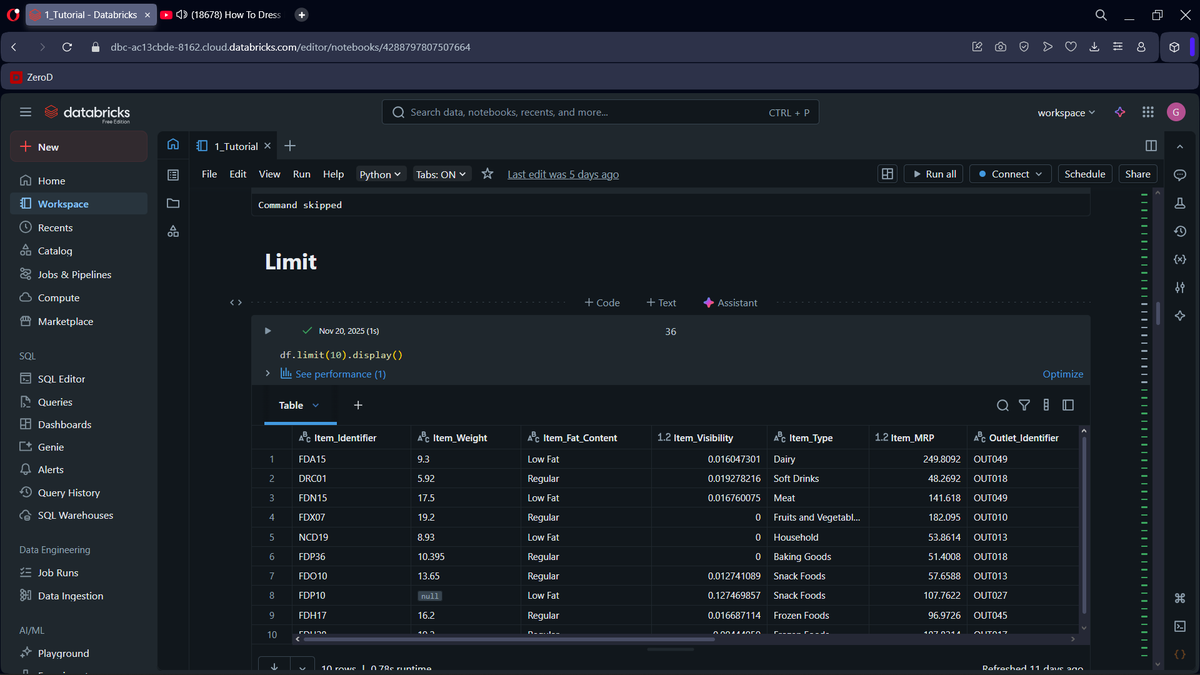 IwunzeIkenna's tweet image. Day 40 of Learning Data Engineering

Today I dove into more functions:
i. cast():Converts a column from one data type to another.
ii. sort():Orders rows by chosen columns in asc or desc order.
iii. limit(): Returns the first N rows of the DF
#datafam #SPARK #DataEngineering #Data