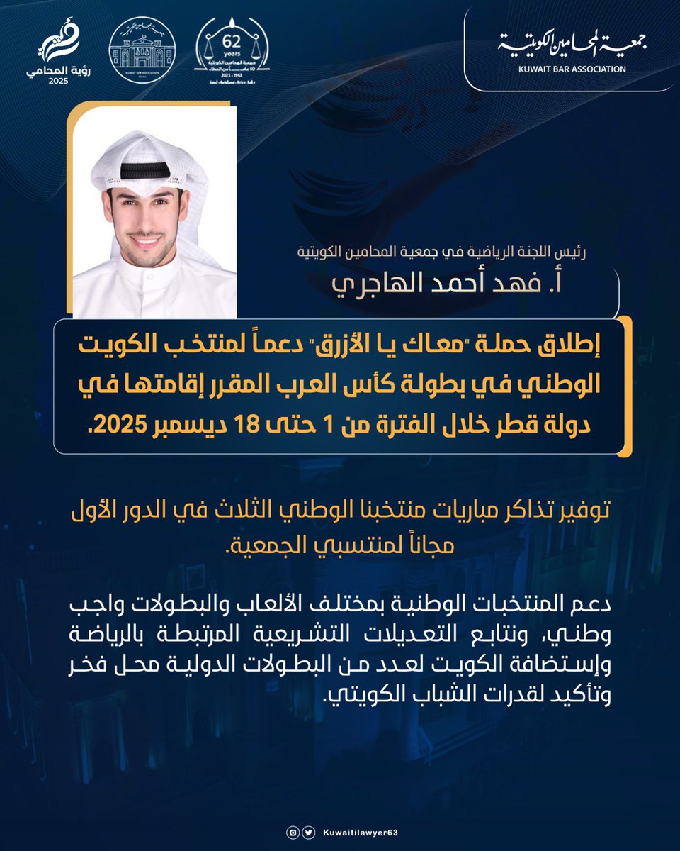 رئيس اللجنة الرياضية في جمعية المحامين الكويتية أ. فهد أحمد الهاجري: إطلاق حملة "معاك يا الأزرق"؛ دعماً لمنتخب الكويت الوطني في بطولة كأس العرب المقرر إقامتها في دولة قطر خلال الفترة من 1 حتى 18 ديسمبر 2025، وتأكيدا على دعم جمعية المحامبن الكويتية لمنتخبنا الوطني سوف يتم توفير