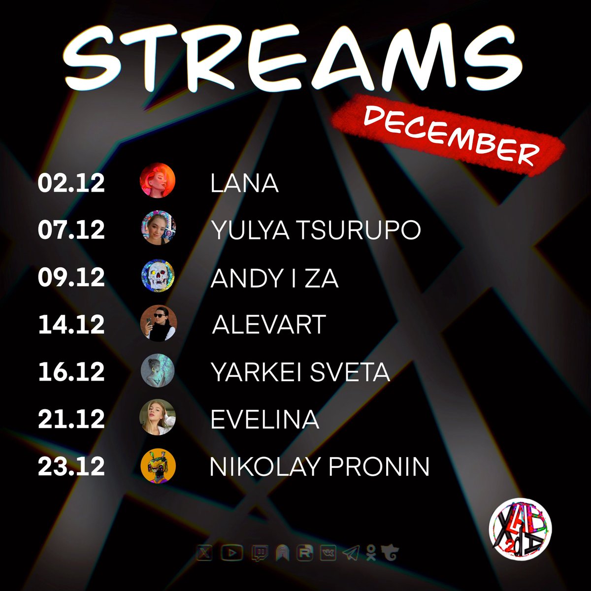 Hey, Friends
Meet the schedule of Live Streams for December
Talented artists, different drawing techniques and Master Classes
Follow us
Streams are available on X, YouTube, Twitch, Arena, Trovo, VK, RuTube, OK platforms
If you want to draw with us, just dm
