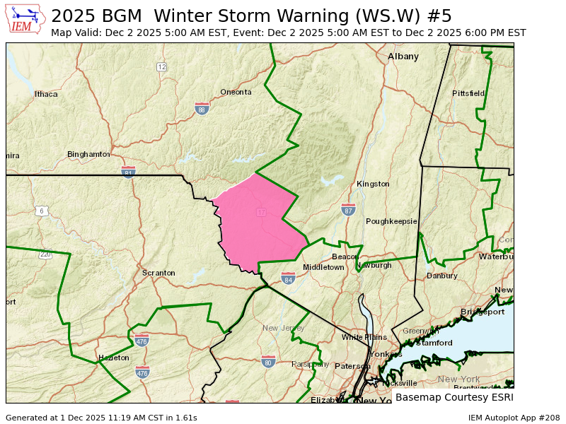 BGM upgrades Winter Storm Watch to Winter Storm Warning valid at Dec 2, 5:00 AM EST for Sullivan [NY] till Dec 2, 6:00 PM EST mesonet.agron.iastate.edu/vtec/f/2025-O-…