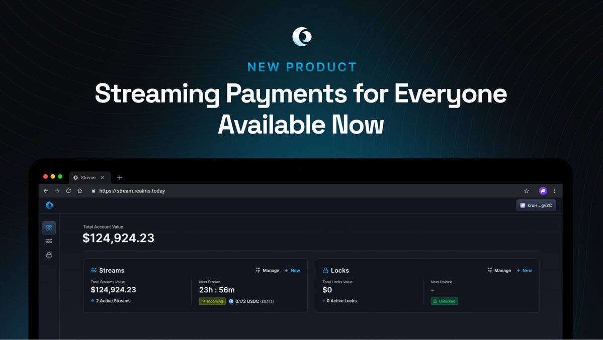 총 계정 가치와 스트림 관리를 보여주는 Realms streaming payments 앱 인터페이스