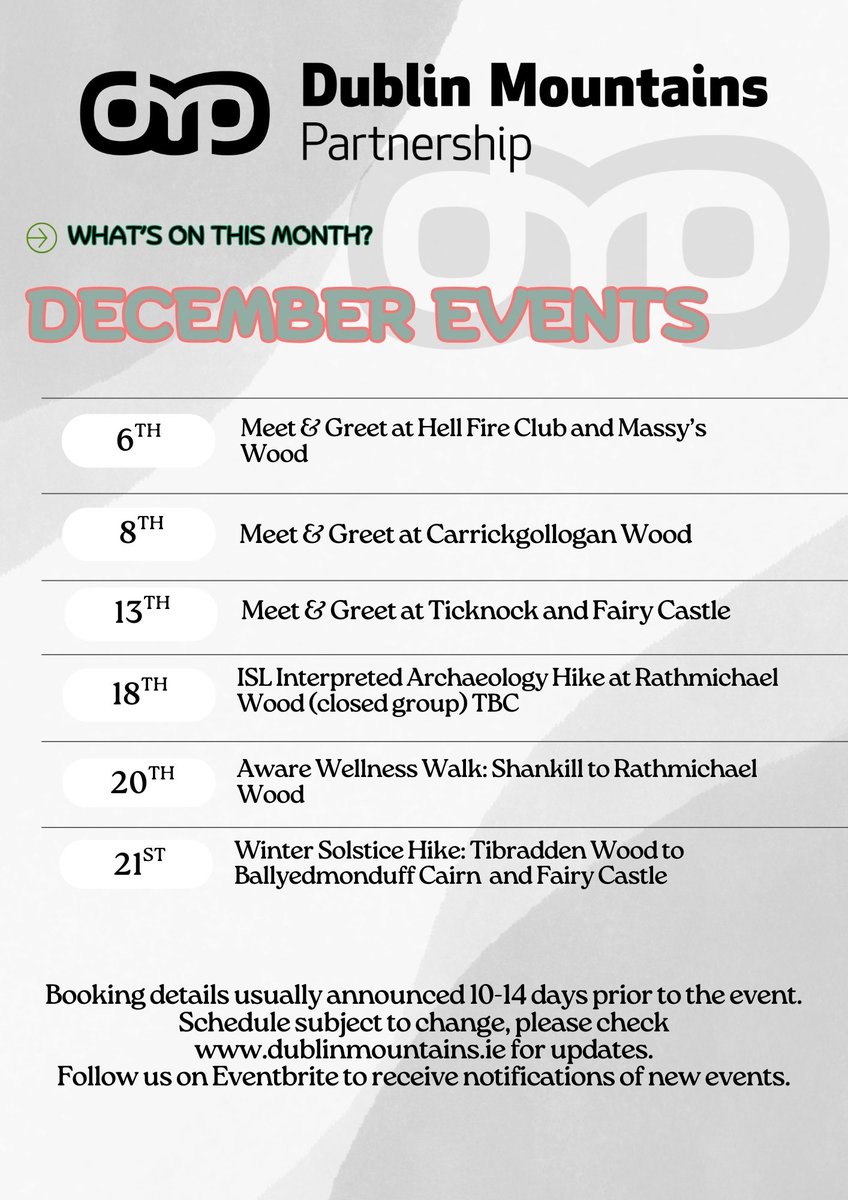 🌲 December with DMP!
 
We’ve some lovely events this month including another public transport-friendly Wellness Walk and our Winter Solstice Hike! 🔦
 
 📢Follow us on Eventbrite to get notified:
 👉eventbrite.ie/o/dublin-mount…
 
Stay up to date on news at dublinmountains.ie📰