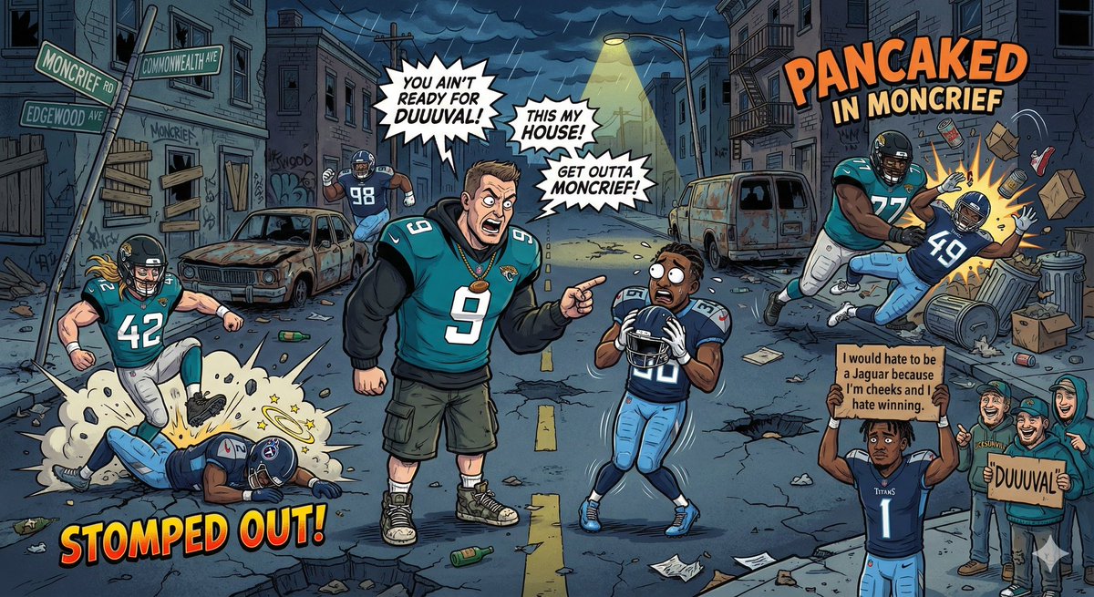 NFLunhinged's tweet photo. Everyone knows the #Jaguars own the #Titans. Accurate portrayal of everything that happened yesterday. Turned Nashville in Moncrief
#Titans #JAXvsTEN #NFL #NFLSunday #PunterViolence #TrenchesTalk #UnhingedNFL #Titanup #AFCSouth #DUUUVAL https://t.co/6n61YL7jXn