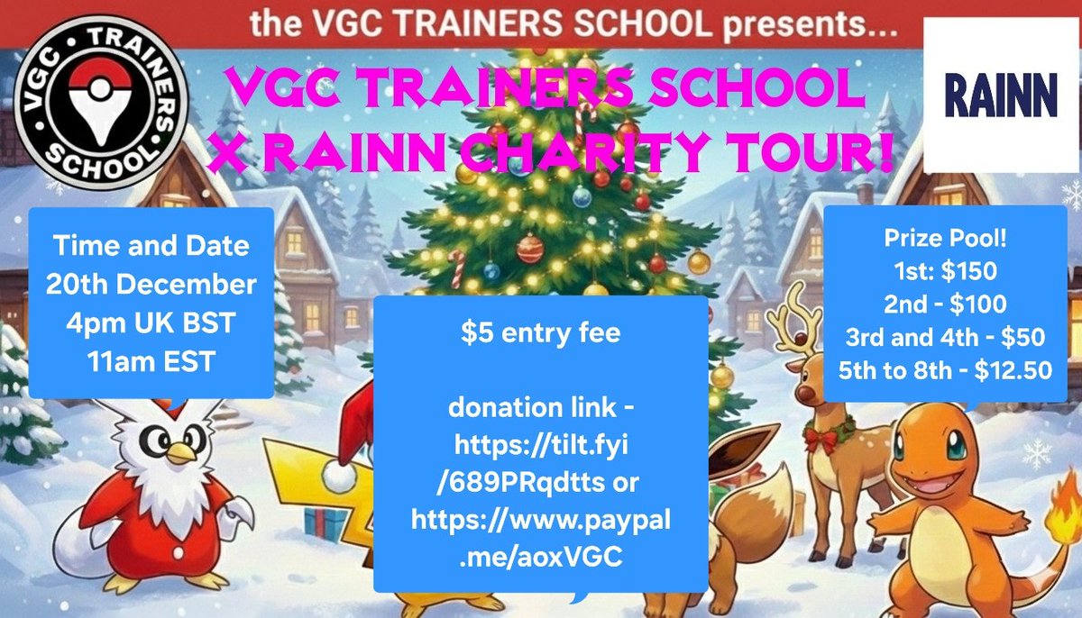 the VGC trainer school is proud to announce our $400 prize pool christmas charity event in collaboration with RAINN! 

play.limitlesstcg.com/tournament/68f…

With everything that has gone on in the VGC community this year we have decided to create an end of year 2 day event dedicated to RAINN,