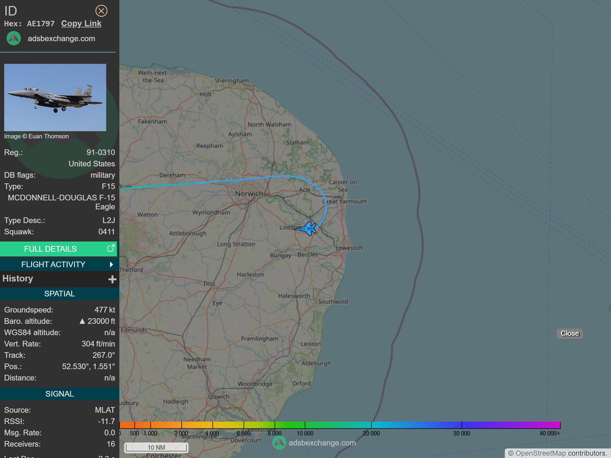 IntelskyB's tweet image. ✈️ Aircraft Info:
Country: 🇺🇸 United States
Type: F15 - MCDONNELL-DOUGLAS F-15 Eagle
Hex: AE1797
Reg: 91-0310
Callsign: N/A
Location: 🇬🇧 Norfolk - United Kingdom

🔴 Live tracking:
global.adsbexchange.com/?icao=AE1797