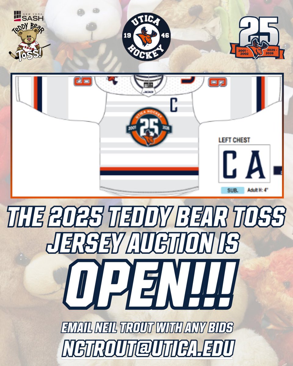 🚨 AUCTION ALERT 🚨

It’s TBT week, which means the auction for this season’s game worn jerseys is LIVE right now on our athletics website! Bids start at $100, and the buy now price is $300. Please reach out to Neil Trout - nctrout@utica.edu - to place any bids! 

#FearTheMoose