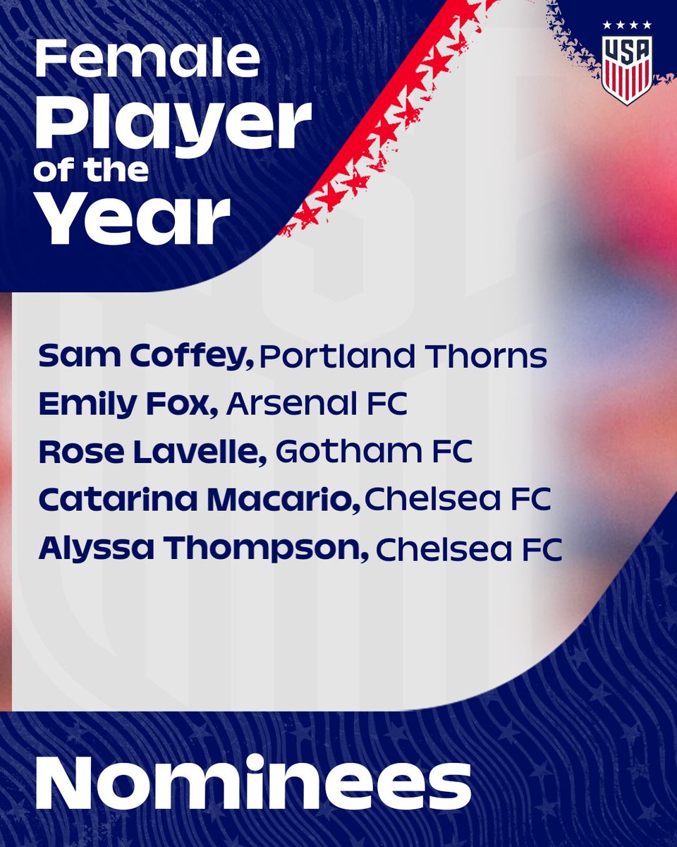 USWNT's tweet image. And your nominees for 2025 @ussoccer Female Player of the Year are....