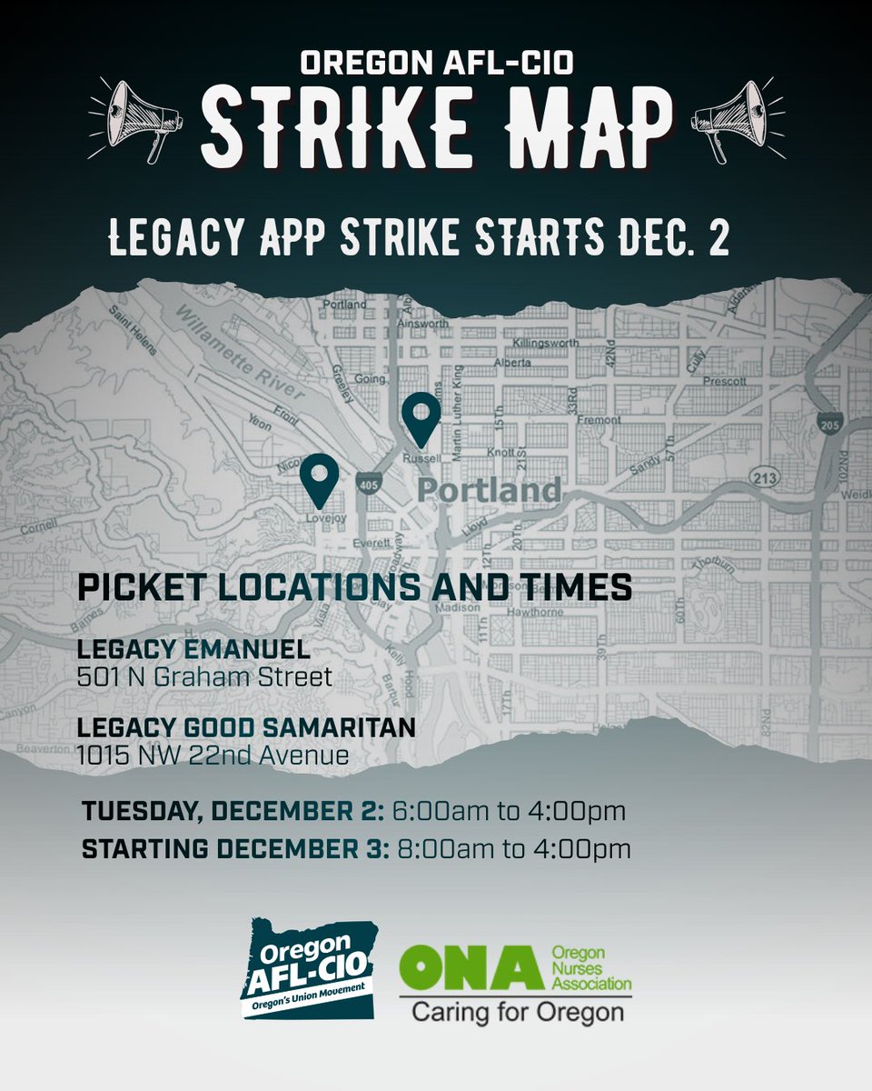 🚨STRIKE NOTICE 🚨

Oregon Nurses Association Advanced Practice Providers (APPs) at Legacy are going on strike tomorrow at 6 a.m.!

Legacy continues to lag behind what Kaiser and OHSU offer their APPs in total compensation and will struggle to recruit and retain top frontline