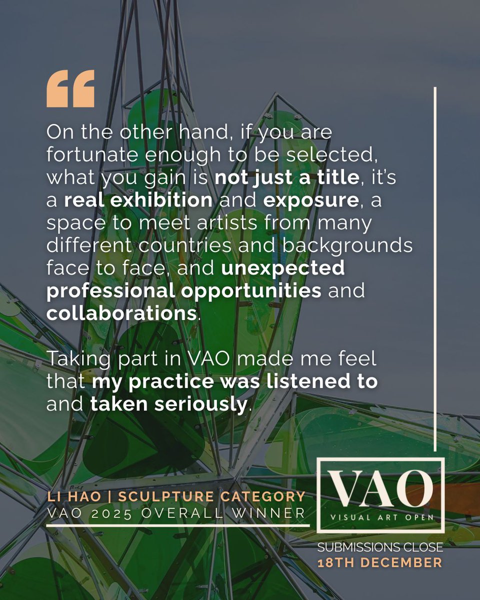 VisualArtOpen's tweet image. Hear from 2025 Overall Winner Li Hao as they reflect on how the VAO helped amplify their voice and shine a spotlight on their talent.

Apply Now: visualartopen.com
Deadline: 18th December 2025

#VAO #VisualArtOpen #OpenCall @atelier_lihao