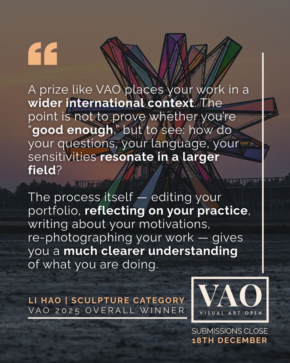 VisualArtOpen's tweet image. Hear from 2025 Overall Winner Li Hao as they reflect on how the VAO helped amplify their voice and shine a spotlight on their talent.

Apply Now: visualartopen.com
Deadline: 18th December 2025

#VAO #VisualArtOpen #OpenCall @atelier_lihao