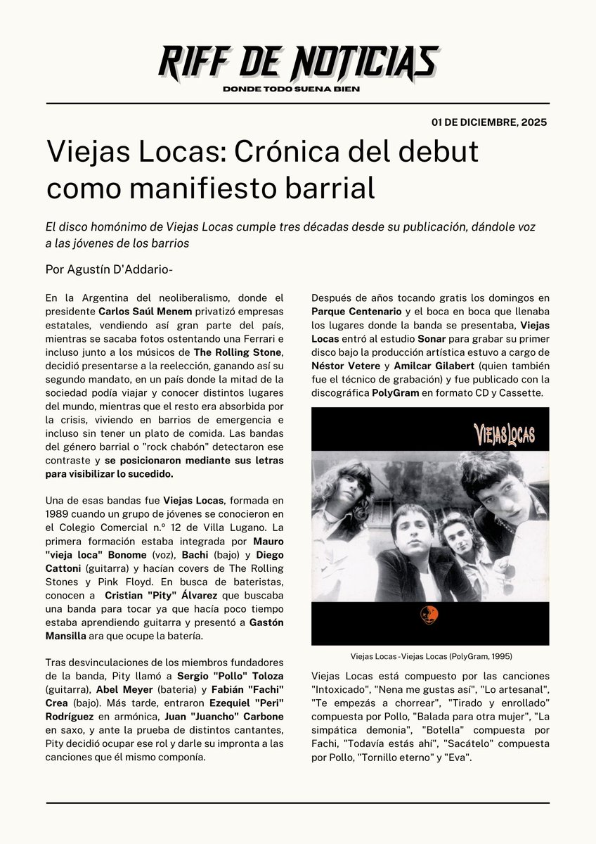 El disco homónimo de Viejas Locas cumple tres décadas desde su publicación, dándole voz a las jóvenes de los barrios 🔥 

La nota completa la encontras en instagram.com/p/DRuUjBAEUNM/…