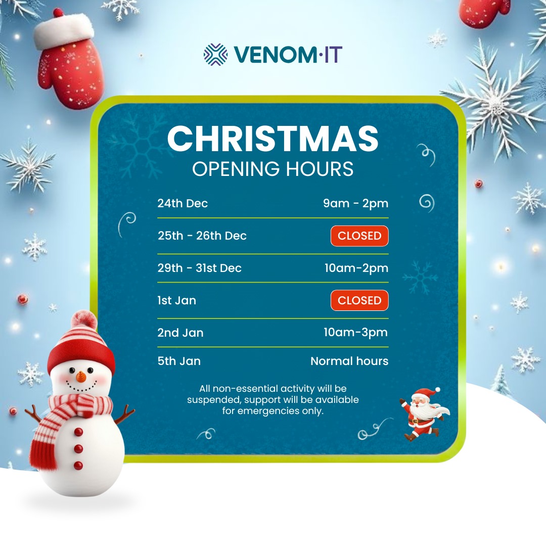 𝐇𝐨𝐥𝐢𝐝𝐚𝐲 𝐇𝐨𝐮𝐫𝐬 𝐀𝐫𝐞 𝐇𝐞𝐫𝐞!
We’re operating with special timings this 𝐂𝐡𝐫𝐢𝐬𝐭𝐦𝐚𝐬 𝐬𝐞𝐚𝐬𝐨𝐧, so take note and plan your visit ahead.

#ChristmasHours #HolidayOpeningHours #Christmas2025 #VenomIT