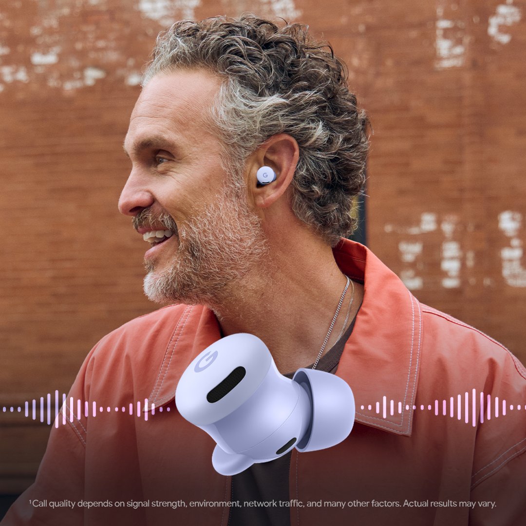 madebygoogle's tweet image. Buds in, noise out. 

Immerse yourself in clear, crisp audio with #PixelBuds 2a—and with Clear Calling, you can keep background sounds out, like wind, so your voice comes through loud and clear¹.

Hear the difference yourself: goo.gle/48MrumT