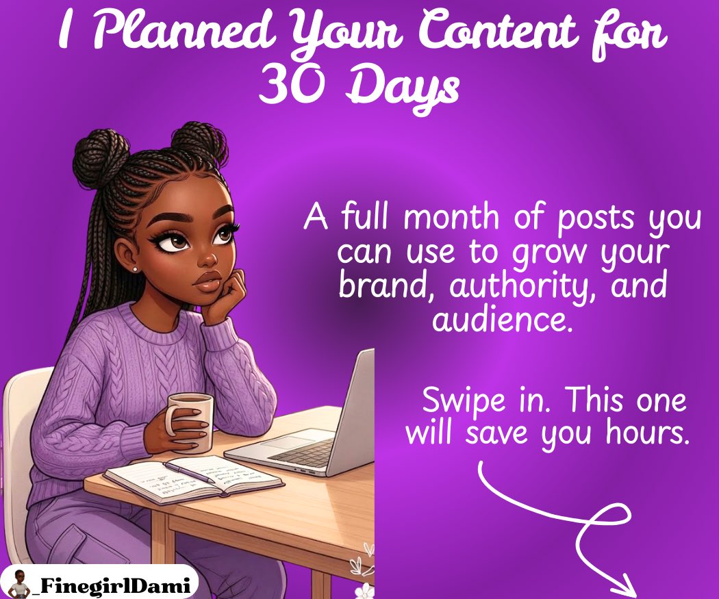 _FinegirlDami's tweet image. 30 DAYS OF CONTENT YOU CAN STEAL AND USE IMMEDIATELY 🚨

Have you ever notice how planning content is so easy in your head until it’s time to actually post. 

Suddenly every idea disappears and you’re sitting there wondering what everyone else knows that you don’t.

Let me break…