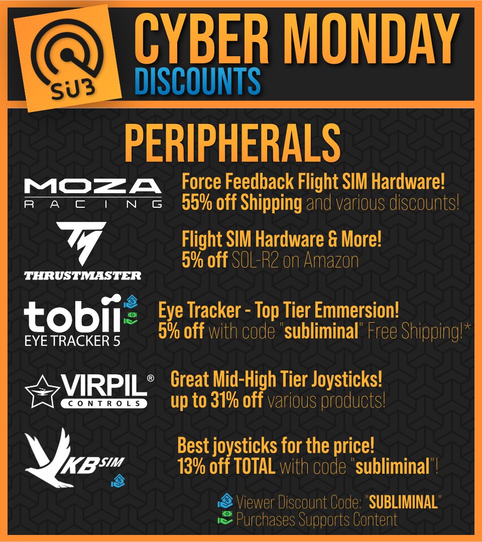 SubliminaLsTV's tweet image. ICYMI: There are numerous Cyber Monday deals available on Space Sim-related gear. Like &amp;amp; Retweet to spread the word! Links to all&amp;gt;  links.subliminal.gg

@moza_racing - AB6 &amp;amp; Throttle inbound via UPS
@TMThrustmaster - New additions to SOL-R Line up
@tobiigaming - Dual Sticks &amp;gt;…