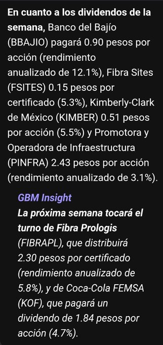 Grokk26's tweet image. Dividendos que se pagarán tanto esta como la próxima semana:  $BBAJIO, $FSITES, $KIMBER, $PINFRA, $FIBRAPL, $KOF También pagarán este mismo mes, $WALMEX, $FCFE y $FMTY Fuente:

@GBM_mx_