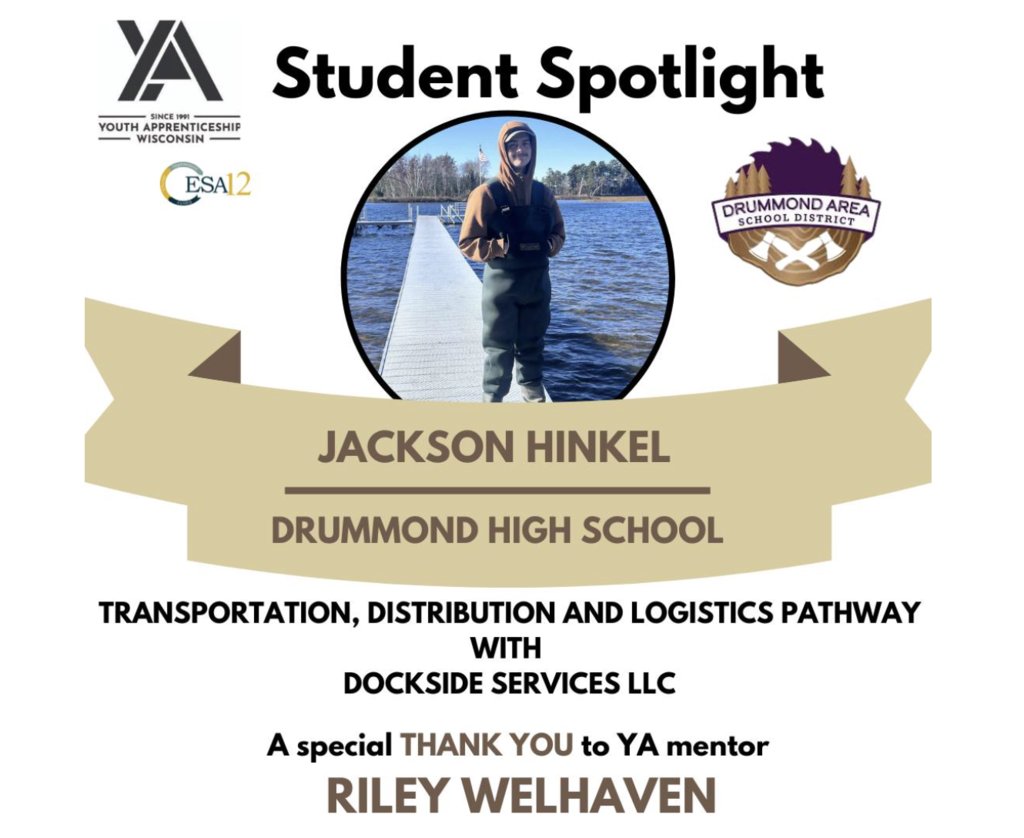 We’re proud to highlight Jackson, a Drummond High School student in our Youth Apprenticeship program under the Transportation, Distribution &amp; Logistics pathway.