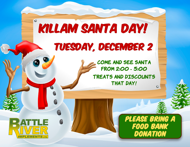 #Santa is coming to <a href="/BRILTD/">Battle River Implements</a> #KILLAM  Tuesday,  
Dec. 2nd from 2-5pm!! Take your own #photos of the kids with Santa, please bring items for the #FoodBank. There will be discounts on toys &amp; merch as well as treats served!
