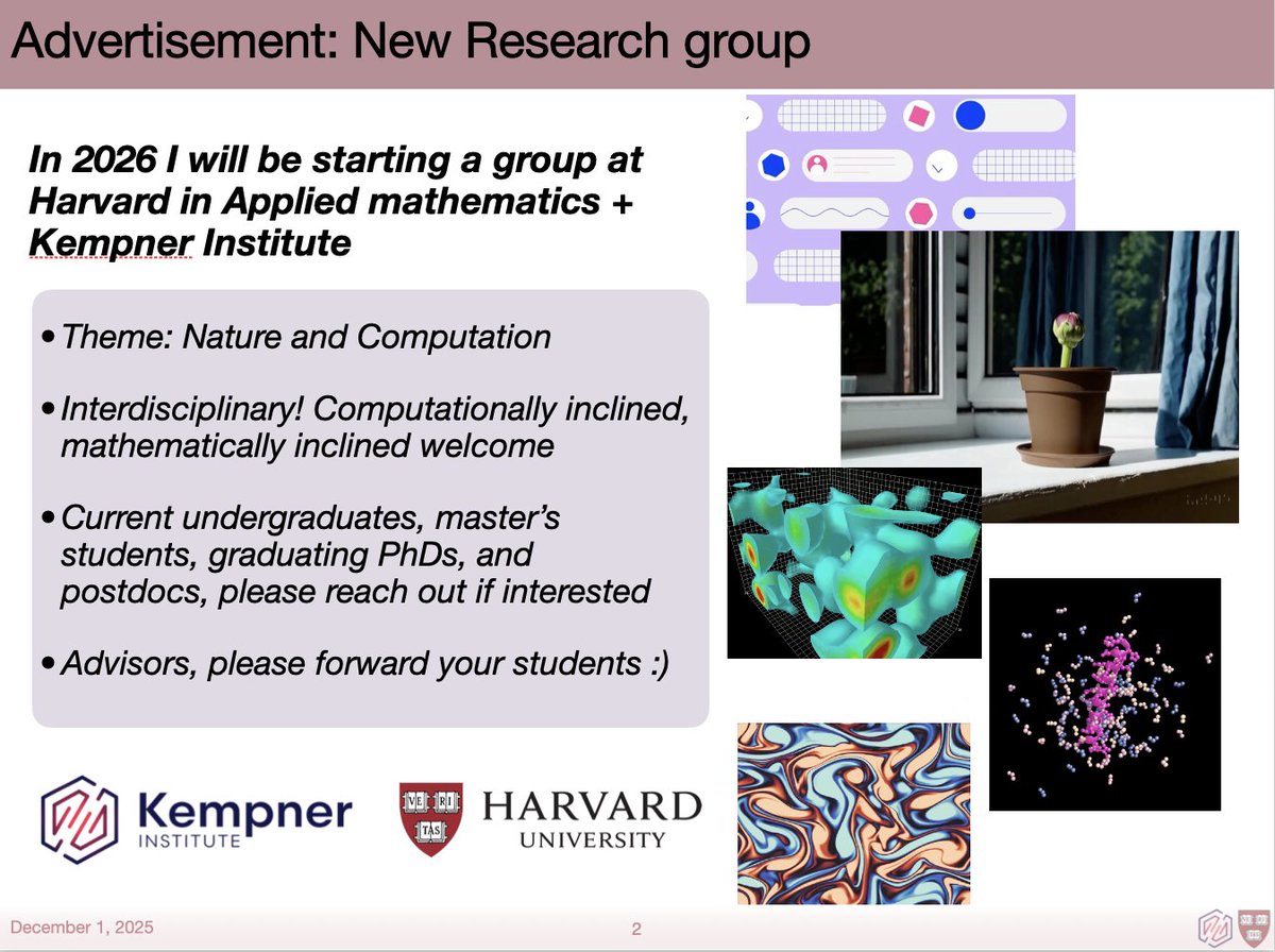 Also, please share 🤓: I'll be at NeurIPS Dec 4-8.  I am hiring PhD students and postdocs this year to start at <a href="/Harvard/">Harvard University</a> <a href="/KempnerInst/">Kempner Institute at Harvard University</a>. We work across problems in ML, applied math, probability, and biology, with the goal of all learning from each other. Find me at <a href="/NeurIPSConf/">NeurIPS Conference</a>, DM