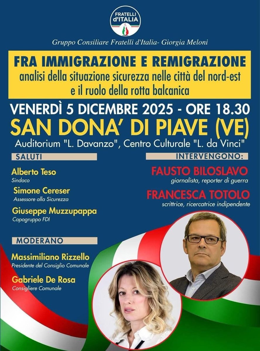 AlekosPrete's tweet image. A San Donà di Piave l’auditorium comunale ospita un incontro del gruppo consiliare “Giorgia Meloni” sulla remigrazione, con un’esponente vicina a CasaPound.
Un anno fa, a Campi Bisenzio, un evento analogo portò il Comune a revocare la sala. #matrice