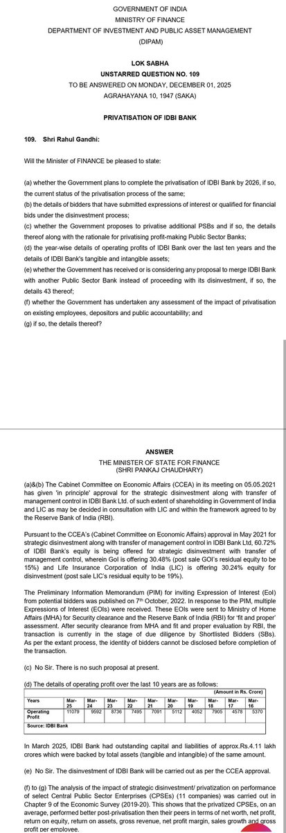 Kudos to <a href="/RahulGandhi/">Rahul Gandhi</a> ji for standing up against the unjust privatization of IDBI Bank! 🙌 We'll continue to fight for the rights of depositors, #agriculturists, #MSME borrowers, #Students &amp; employees. 🇮🇳 IDBI's 5-year profit streak shows it's a national asset, not a liability!
