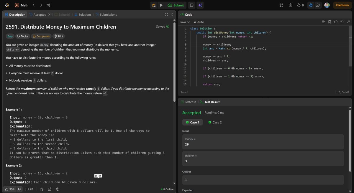 madhavtiwari24's tweet image. Day 214 of #365DaysOfLeetCode ✅Just solved LeetCode problem No. 568! Let’s keep pushing! #LeetCode #CodingChallenge #ProblemSolving