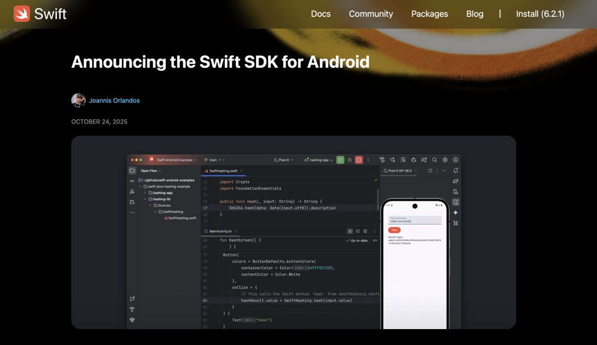 vipin01_dev's tweet image. Now it’s official — Swift isn’t just for iOS anymore.
Swift SDK for Android is now in nightly preview! Build native Android apps or share logic across platforms with Swift.
✅ 25%+ Swift packages already support Android
✅ Java ↔ Swift interoperability
#Swift #Android #MobileDev