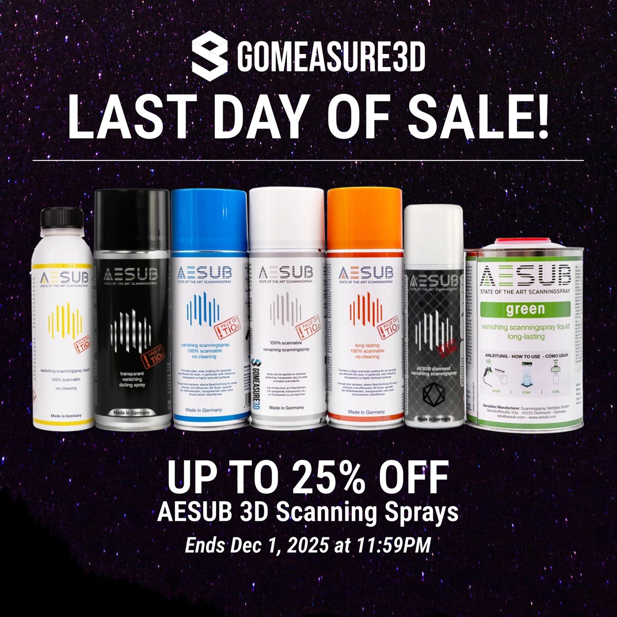 Happy Monday! It's Cyber Monday sale! ⚡

Last day to get up to 25% off  <a href="/AESUB_Scanspray/">AESUB by Scanningspray</a>'s 3D scanning sprays. Get the deal now before it vanishes into thin air! 💨

Shop now → shop.gomeasure3d.com 

#BlackFridayWithAESUB #AESUB #3dscanning #3dscanner