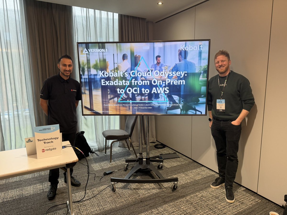 ZedDBA's tweet image. Honour to present Kobalt’s Cloud Odyssey: Exadata from On-Prem to OCI to AWS with Dave Castle, Director of Engineering at @kobalt at #UKOUGdiscover2025

#Oracle #Exadata #OCI #AWS #Cloud #Kobalt #Version1