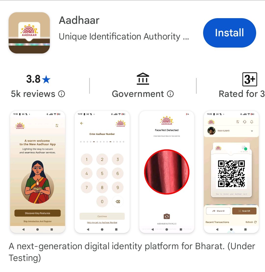rohit07___'s tweet image. #UIDAI (यानी सरकार/आधार प्राधिकरण) ने नया आधार-ऐप जारी किया है।
नया ऐप अब Google Play Store और Apple App Store पर उपलब्ध है। 
इसके ज़रिए आप अपना आधार कार्ड डिजिटल रूप में अपने स्मार्टफोन में रख सकते हैं। फिजिकल कार्ड साथ ले जाने की जरूरत नहीं रहेगी। 
ऐप में QR-कोड आधारित…