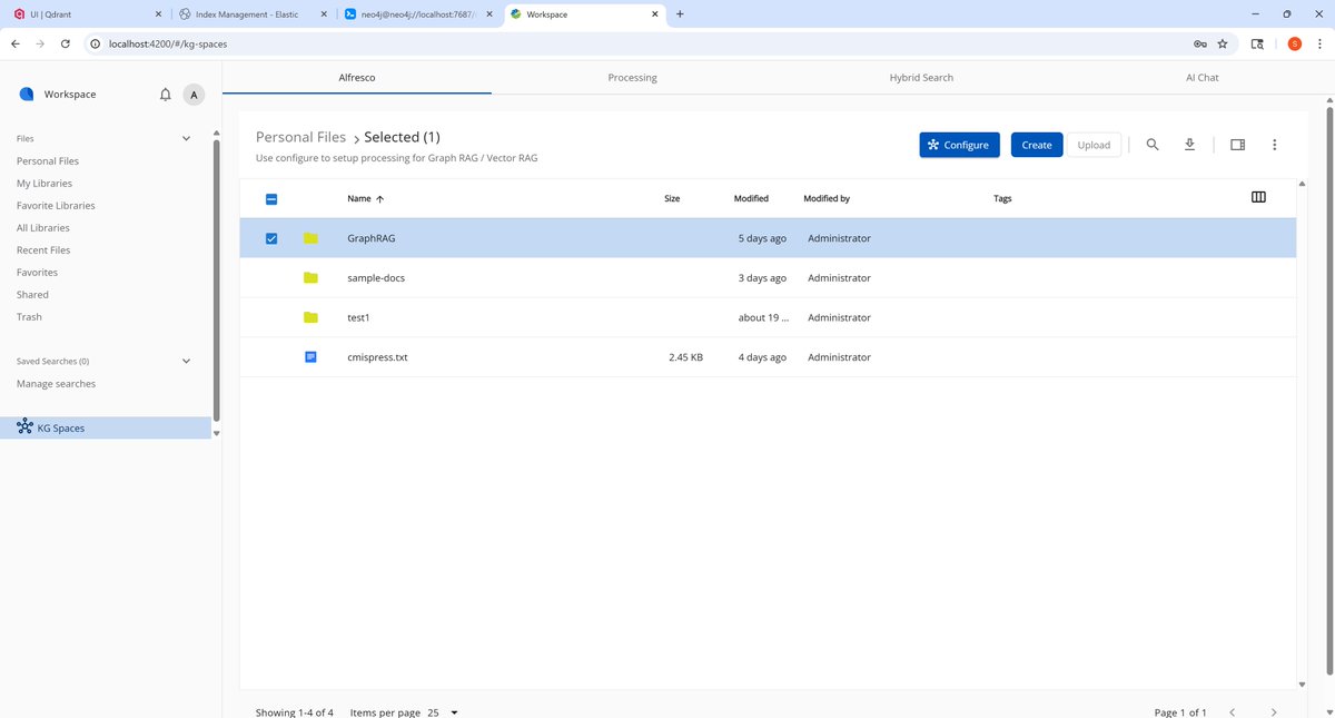 Got working a "KG Spaces" extension / plugin in the <a href="/Hyland/">Hyland</a> <a href="/Alfresco/">Alfresco</a>   ACA / ADF client with the Flexible GraphRAG angular UI integrated  in.  (Please 🌟 Star the GitHub repo github.com/stevereiner/fl… )

Multi select files / folders in regular ACA UI,   in process tab can