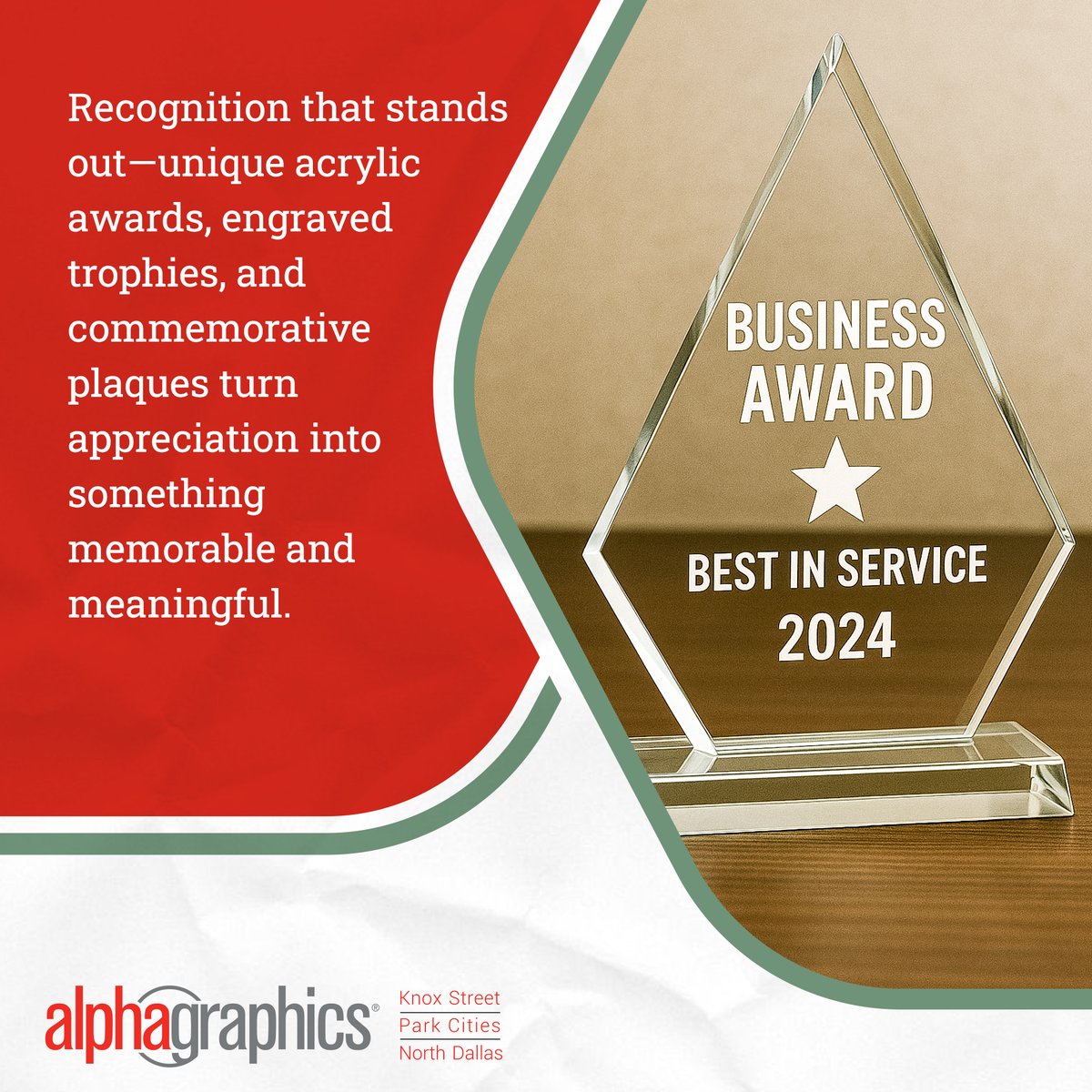 AlphaGraphicsTX's tweet image. Are your top closers getting more than just a ‘good job’ in an email? 👀

End-of-year sales awards are where effort is seen, numbers are celebrated, and goals are made real—not just talked about. 

#NorthDallas #Marketing #CustomSignage #PromotionalItems #CustomAwards