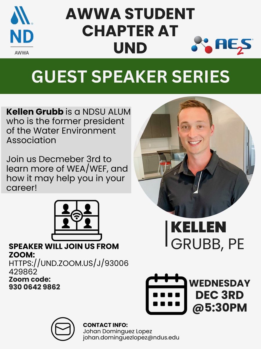 Guest Speaker Series
Hosted by the AWWA Student Chapter <a href="/uofnorthdakota/">U of North Dakota</a> 💧
Join us virtually for an exciting session!!

✅ Build your Career 
✅ Professional Guidance

✨ All students are welcome! don’t miss out!