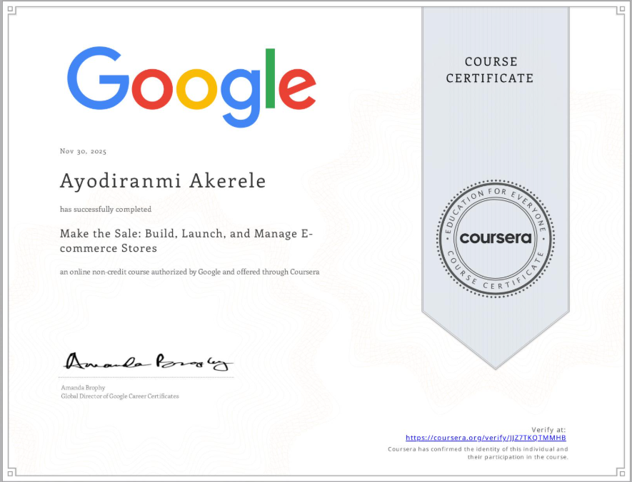 ayodiranmi's tweet photo. I completed Make the Sale: Build, Launch, and Manage E-commerce Stores! Check out my certificate https://t.co/yT32RtFPdN 

#Coursera #DigitalMarketingandecommerce #Ecommerce #DigitalCalendar #DigitalMarketing #Marketing #OnlineMarketing https://t.co/AawTAt28hc