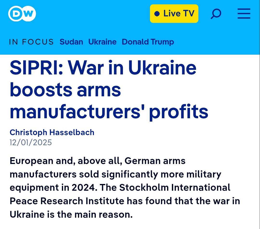 Η νέα έκθεση του <a href="/SIPRIorg/">SIPRI</a> αναδεικνύει το πως το στρατιωτικό-βιομηχανικό σύμπλεγμα αυξάνει τα κέρδη του μέσα από την κλιμάκωση των πολέμων, με τον τζίρο για το 2024 να φτάνει τα 679 δις, 47 δισ πιο πάνω από το 2023. Όπως θα το λεγε ο Μπρεχτ: όσοι δεν έχουνε φαΐ θα φαν οβίδες.