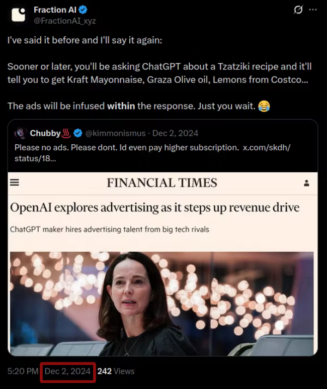 Called it a year ago almost to the day.
ChatGPT just turned our joke into a feature.

x.com/fractionai_xyz…