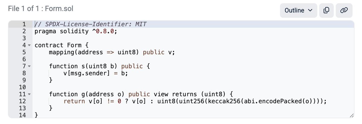 tokenfox1's tweet image. 6/

FORM is minimalist smart contract for expressing choice. It allows anyone to nominate a byte value (0-255) to represent themselves through wallet ownership. Making a choice is necessary to provide alignment; FORM provides a default choice through randomization