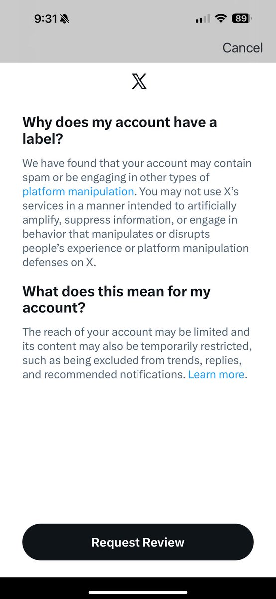 YOU CAN’T MAKE THIS SHIT UP!!

So I make a post that multiple big accounts are impressed by and now IMMEDIATELY after I get hit with “authenticate your account” after months of it not coming up AND a label added for PLATFORM MANIPULATION…

Which is going to LIMIT ALL MY